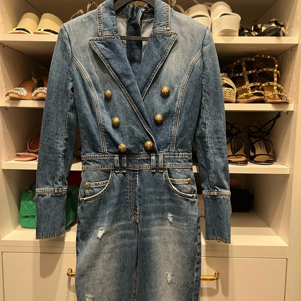 NWT Balmain Women's Classic Blue Denim Jumpsuit XS - Picture 4 of 13